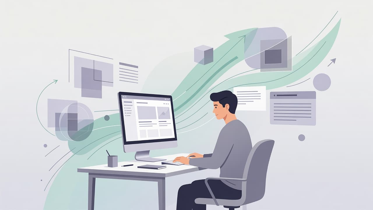 A person sits at a sleek desk using a computer to design a website. Soft geometric patterns and floating icons surround the workstation, symbolizing effective organization and professional digital growth.