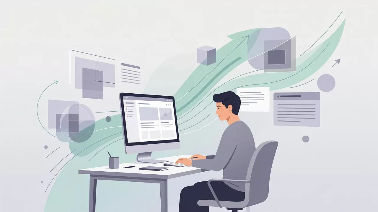 A person sits at a sleek desk using a computer to design a website. Soft geometric patterns and floating icons surround the workstation, symbolizing effective organization and professional digital growth.
