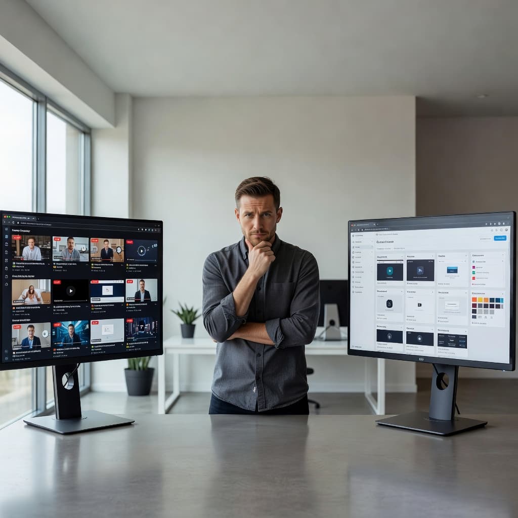 A professional creator stands before two glowing monitors, examining a video streaming interface on the left and a web development tool on the right within a clean, sunlit minimalist home office.
