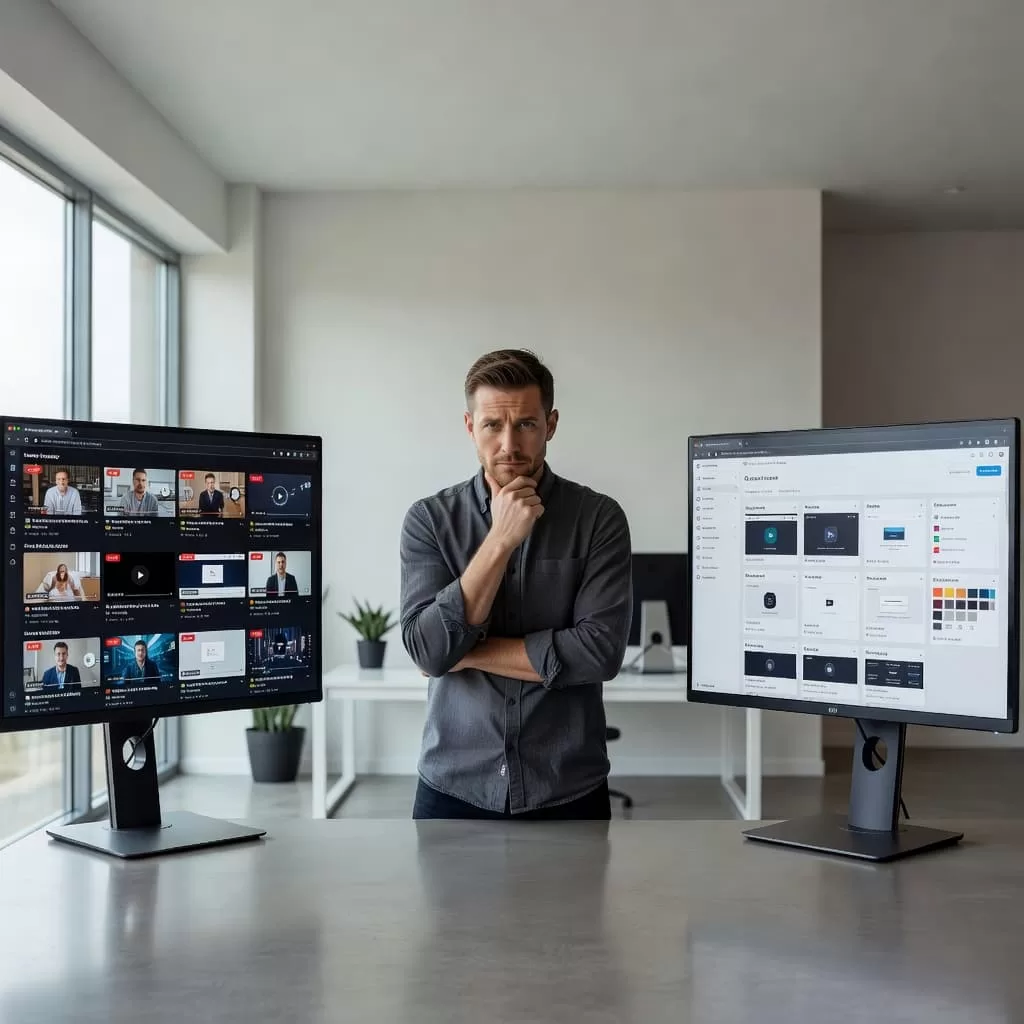 A professional creator stands before two glowing monitors, examining a video streaming interface on the left and a web development tool on the right within a clean, sunlit minimalist home office.