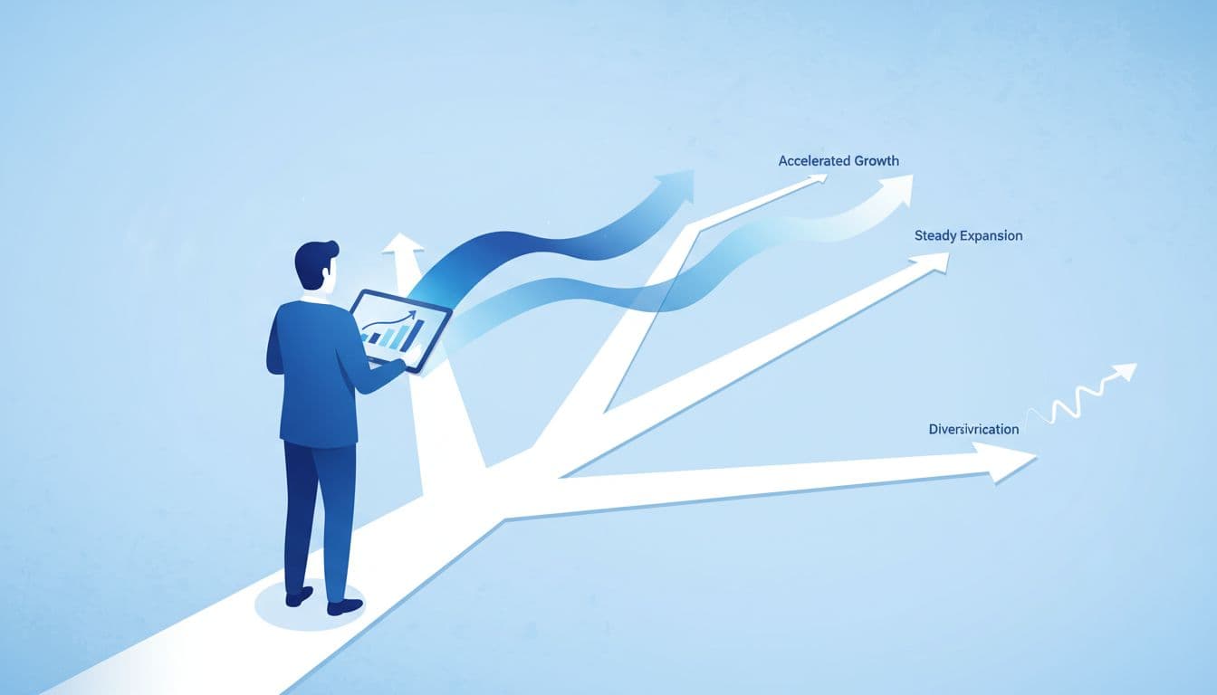 A silhouette of a professional stands at a minimalist crossroads, observing glowing analytical charts on a digital tablet. Soft blue and white geometric shapes illustrate varied paths for organizational growth.