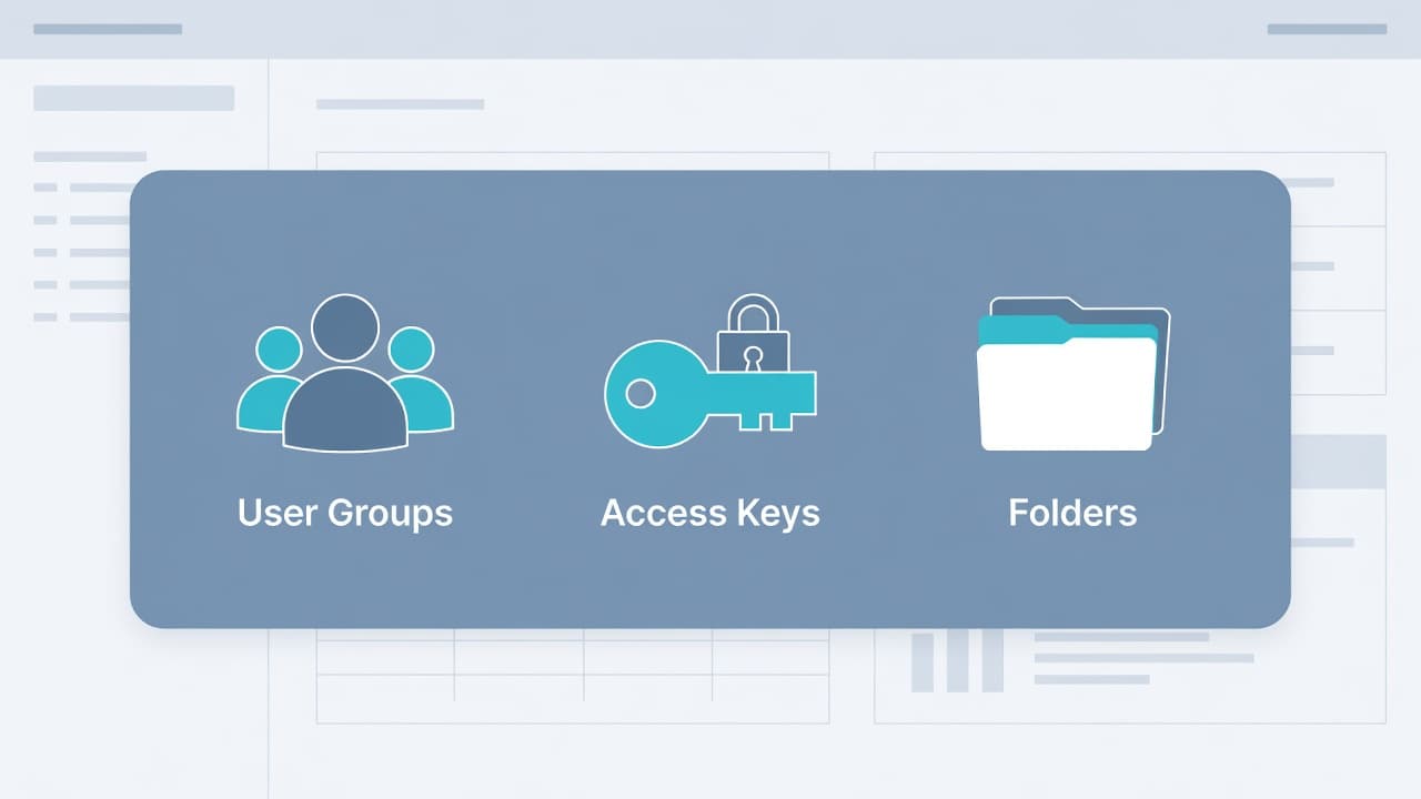 A minimalist dashboard layout displays rounded icons for user groups and security keys. Floating folders sit neatly above a grid, representing organized content structures within a streamlined software application environment.