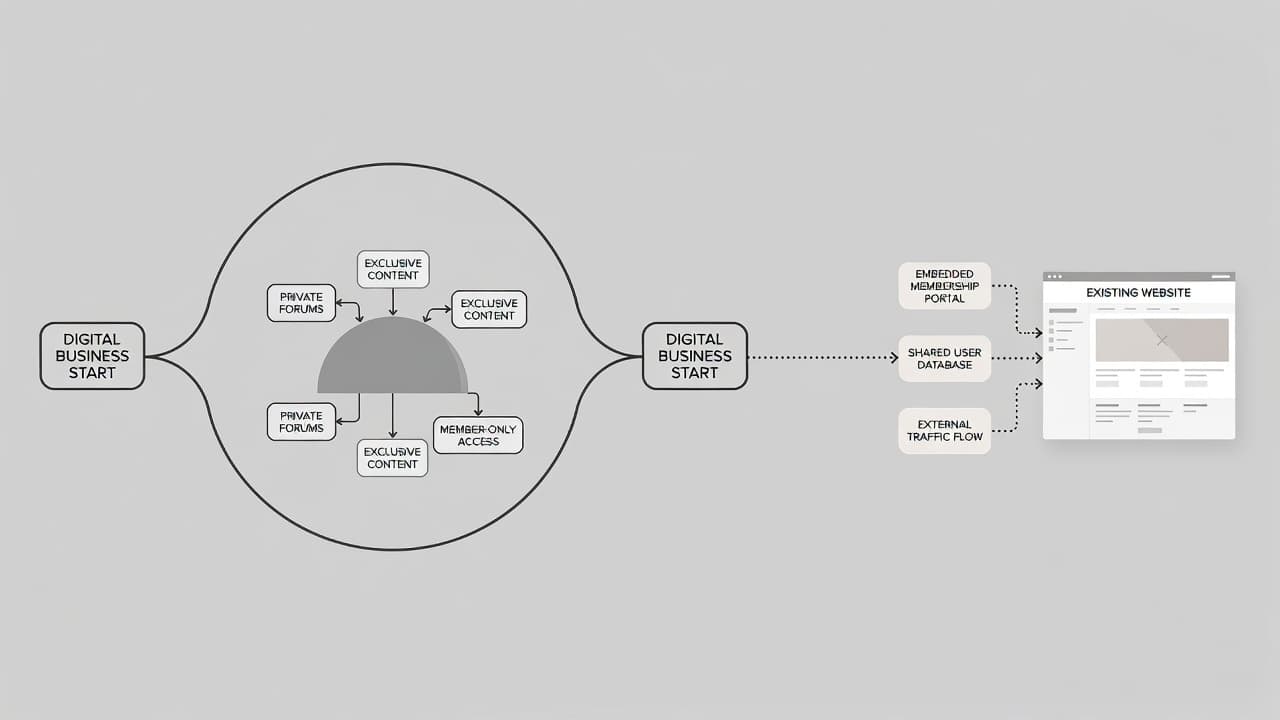 A minimalist illustration shows two distinct paths diverging from a central point. One route leads to a self-contained hub structure, while the alternative connects seamlessly to an existing external website portal.