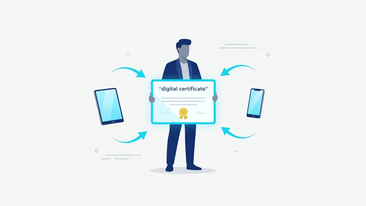 A stylized professional figure holds a glowing digital certificate icon against a minimalist background. Soft blue and white geometric shapes surround the character to emphasize a seamless automated certification process.