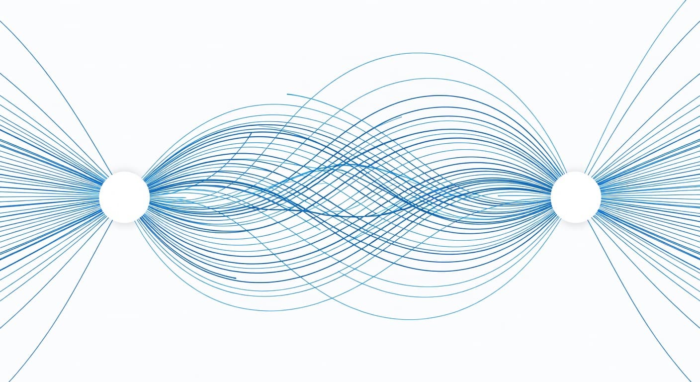 Two large circles are joined by thin geometric lines across a soft blue background, creating a clean visual of communication and connected support paths. The minimalist white and blue palette keeps the focus on the relationship between systems.