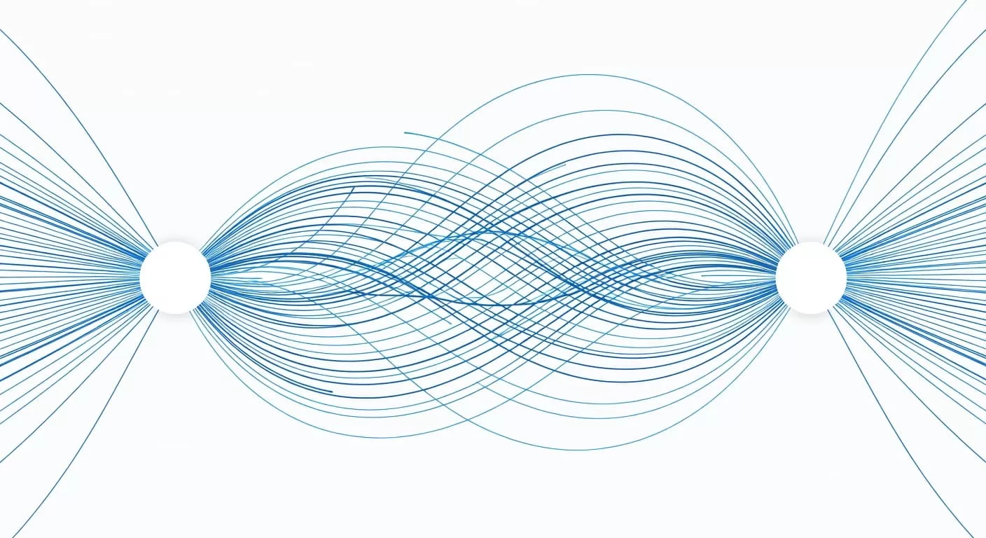 Two large circles are joined by thin geometric lines across a soft blue background, creating a clean visual of communication and connected support paths. The minimalist white and blue palette keeps the focus on the relationship between systems.