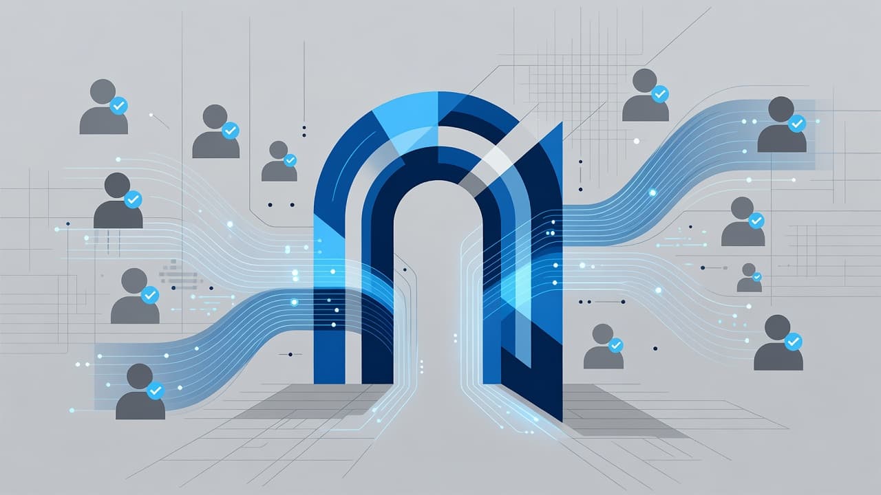 A stylized geometric entrance glows with soft blue and grey light, signifying a secure digital threshold. Clean, minimalist shapes create an abstract path leading toward a central point of membership.