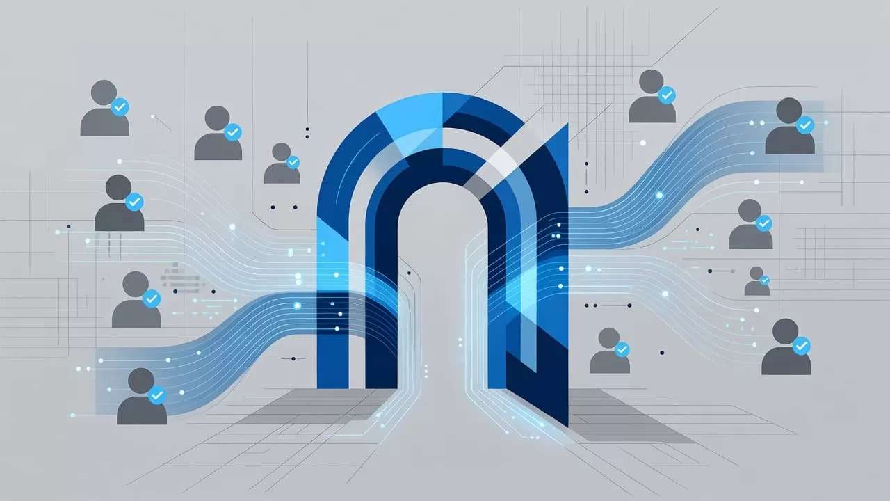 A stylized geometric entrance glows with soft blue and grey light, signifying a secure digital threshold. Clean, minimalist shapes create an abstract path leading toward a central point of membership.