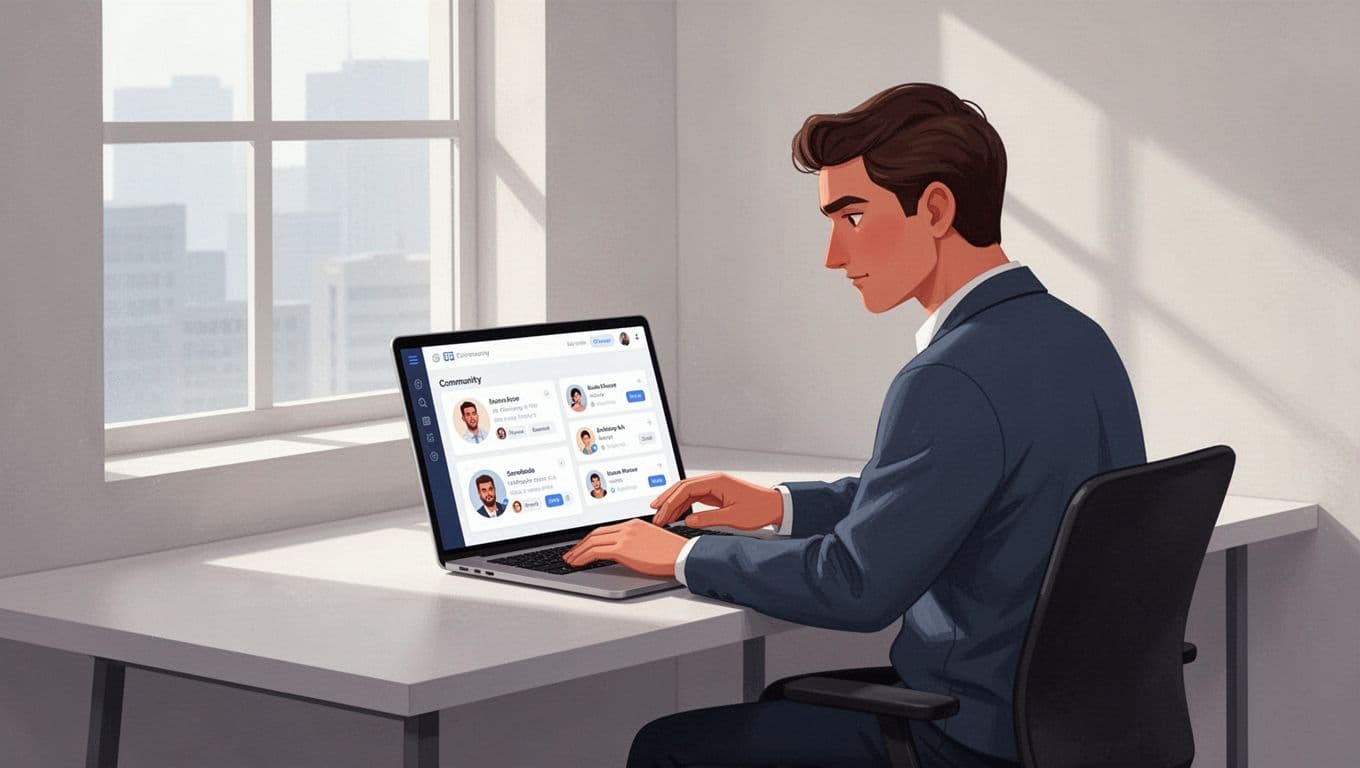 A stylized figure interacts with a vibrant, abstract interface displayed on a laptop screen. The workspace features geometric icons and soft color gradients representing community settings, members, and revenue growth metrics.