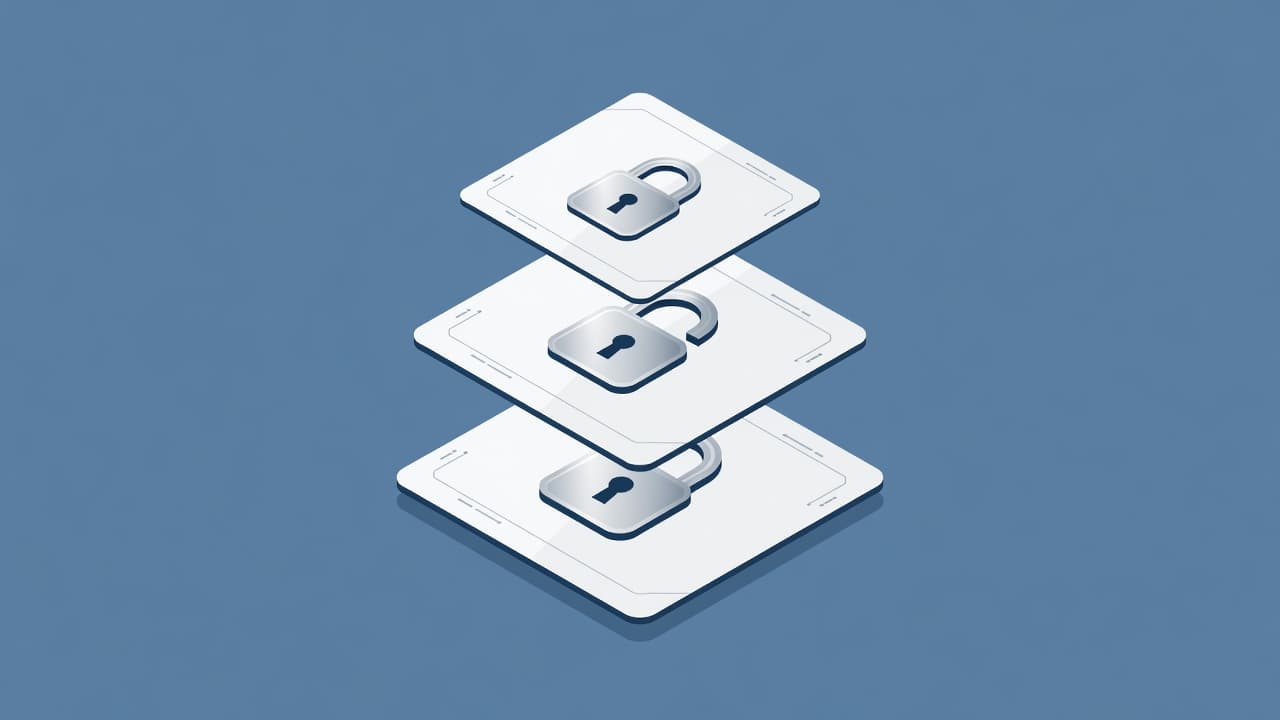 A vertical stack of colorful digital cards features prominent padlock icons on their faces. Each layer represents a distinct access tier, rendered with smooth, geometric shapes and a cohesive vibrant color scheme.