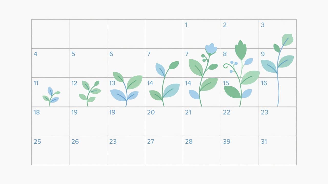 A flat vector grid representing a monthly calendar features lush green plants sprouting from individual date cells. The soft blue backdrop highlights a clean, minimalist design focused on organic content growth.