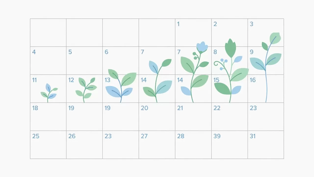 A flat vector grid representing a monthly calendar features lush green plants sprouting from individual date cells. The soft blue backdrop highlights a clean, minimalist design focused on organic content growth.