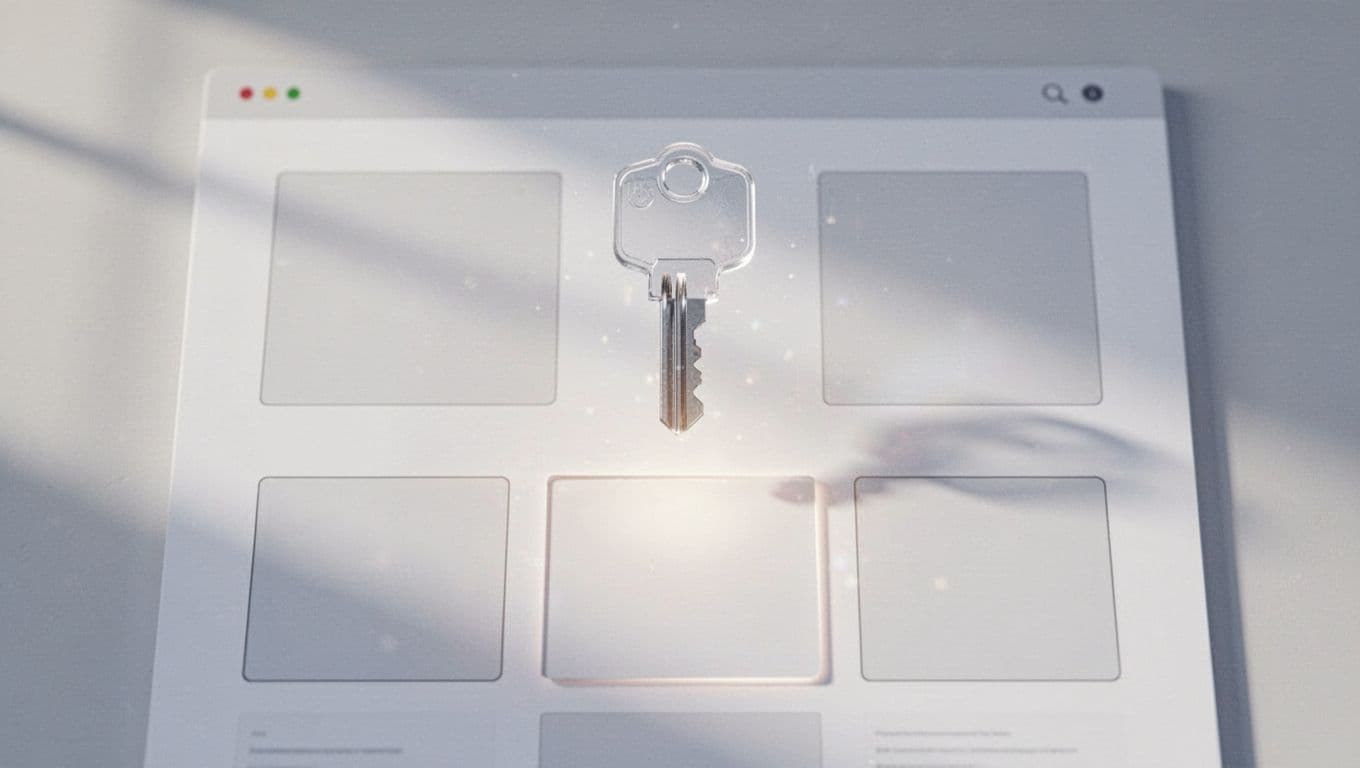 A modern illustration of a digital key hovering above a website page with structured content blocks, subtle glowing effect, minimalist style, no text, no logos