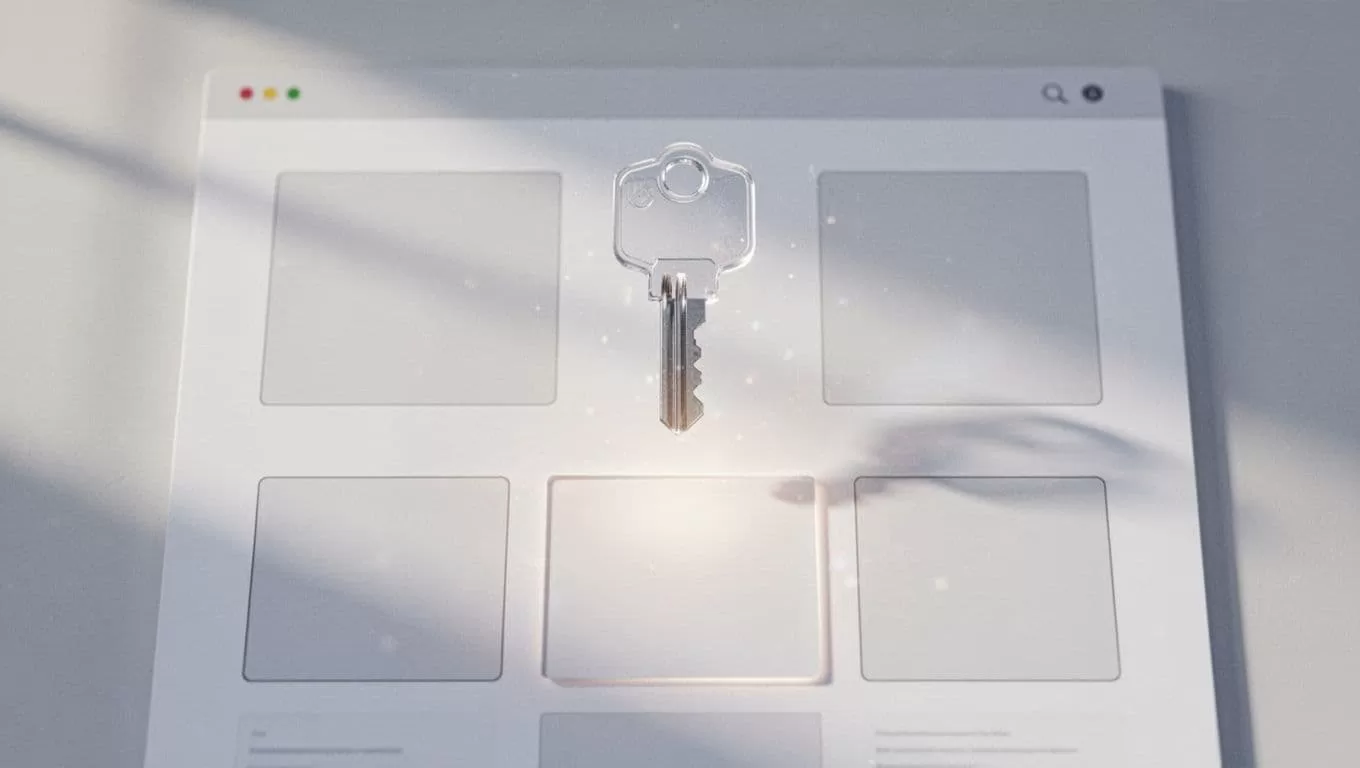 A modern illustration of a digital key hovering above a website page with structured content blocks, subtle glowing effect, minimalist style, no text, no logos