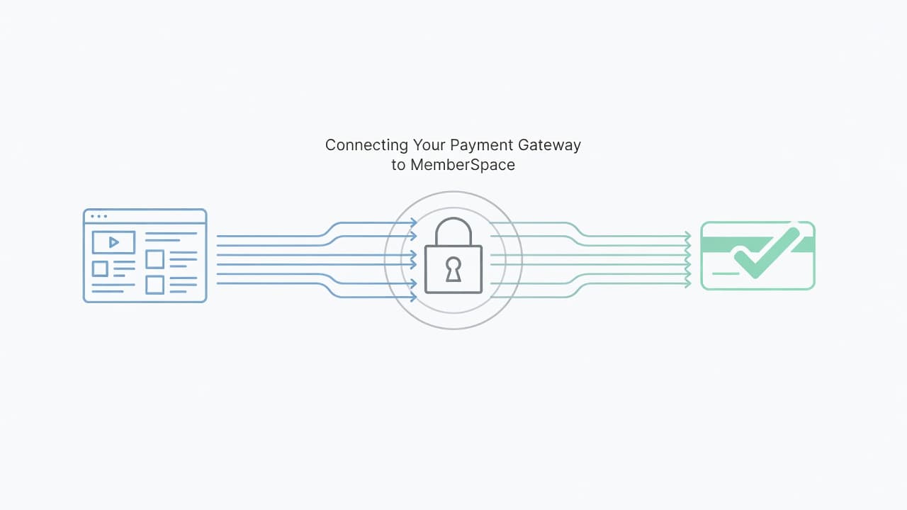 Minimalist line art displays a central digital course platform linked by bold strokes to a secure payment processor. Soft pastel icons signify a seamless, protected transaction flow for online business users.