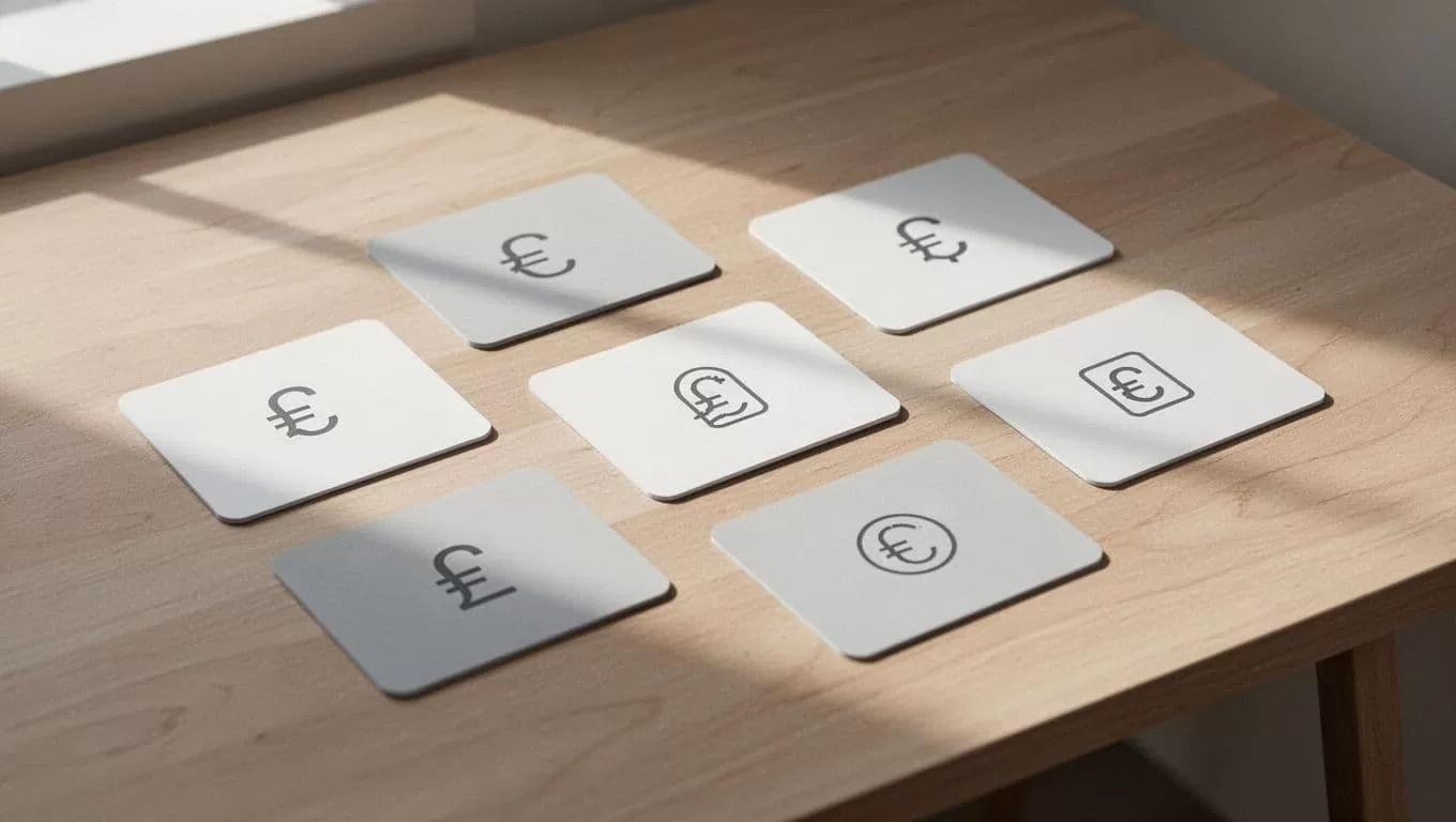 Several sleek pricing cards featuring floating currency symbols are arranged neatly across a clean desktop surface. The minimalist scene utilizes soft lighting to highlight the professional layout of membership plan tiers.