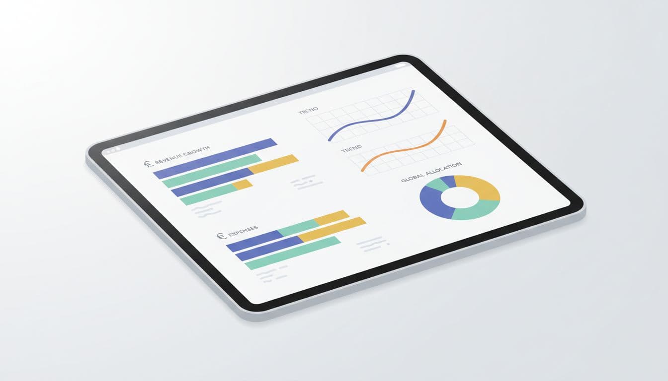 A sleek tablet rests on a minimalist surface displaying colorful bar charts and rising trend lines. Soft ambient light highlights the graphical interface focused on tracking international revenue growth metrics.