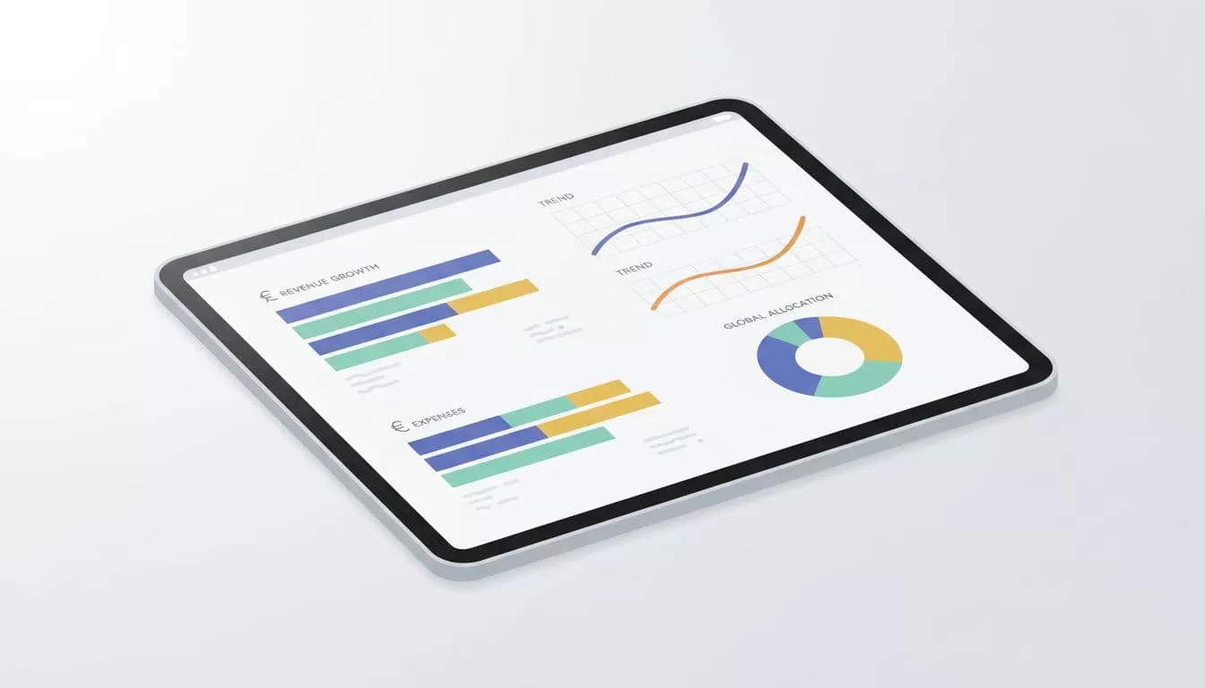 A sleek tablet rests on a minimalist surface displaying colorful bar charts and rising trend lines. Soft ambient light highlights the graphical interface focused on tracking international revenue growth metrics.