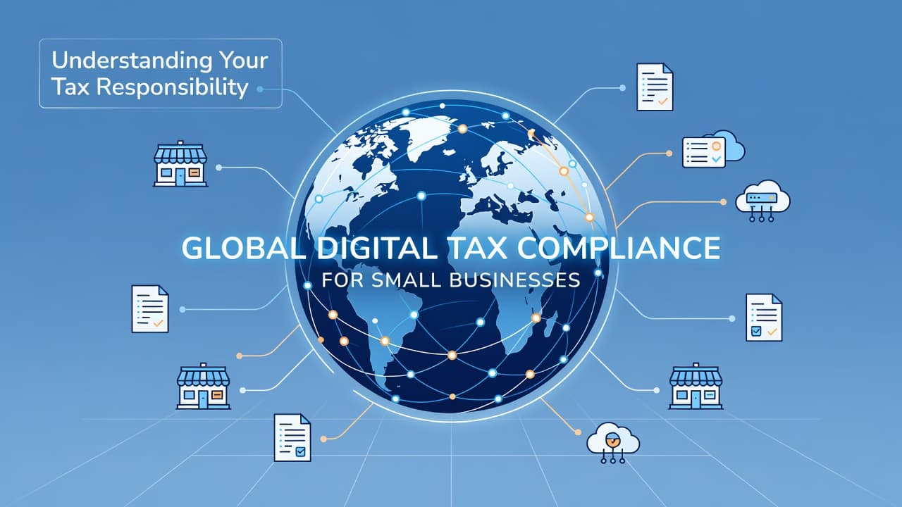 A minimalist digital globe features intricate interconnected lines forming a network of commerce. Soft orange accents contrast against a cool blue background, symbolizing tax compliance connectivity for small business operations.