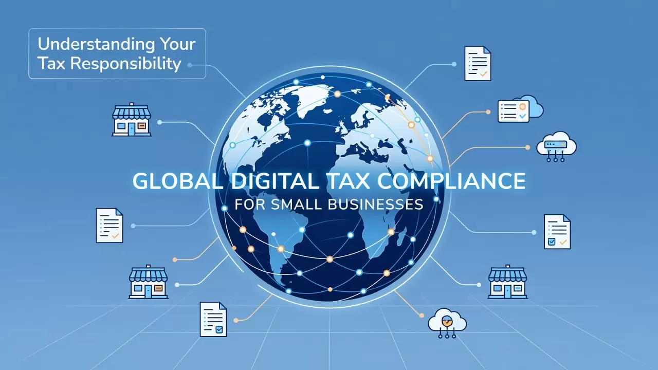 A minimalist digital globe features intricate interconnected lines forming a network of commerce. Soft orange accents contrast against a cool blue background, symbolizing tax compliance connectivity for small business operations.