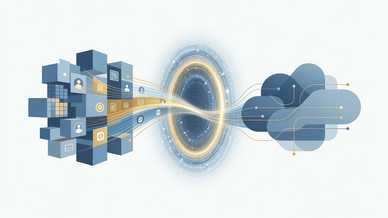 A vibrant digital portal connects two distinct abstract geometric structures rendered in soft blue and gold tones. This clean, modern illustration effectively visualizes a seamless transition between two membership platforms.