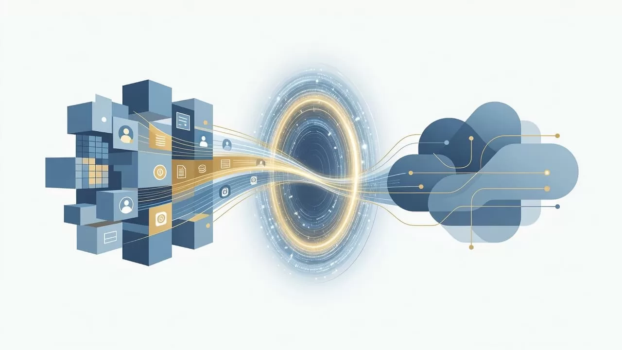 A vibrant digital portal connects two distinct abstract geometric structures rendered in soft blue and gold tones. This clean, modern illustration effectively visualizes a seamless transition between two membership platforms.