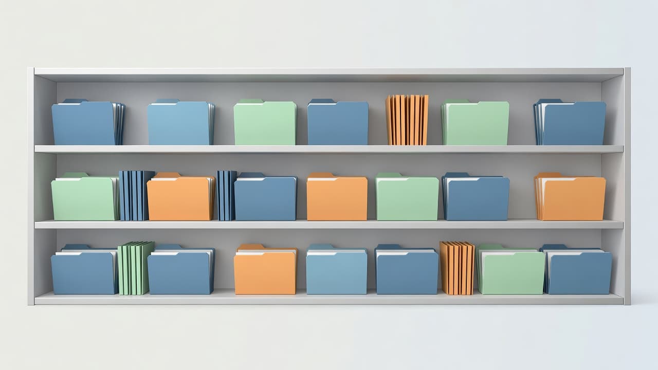 A clean shelf unit displays rows of vibrant, organized file folders representing stored corporate data. Soft ambient lighting highlights the professional color palette in this modern, clutter-free virtual storage space.