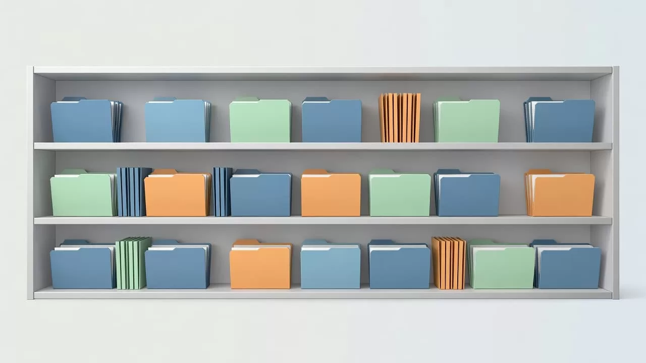 A clean shelf unit displays rows of vibrant, organized file folders representing stored corporate data. Soft ambient lighting highlights the professional color palette in this modern, clutter-free virtual storage space.