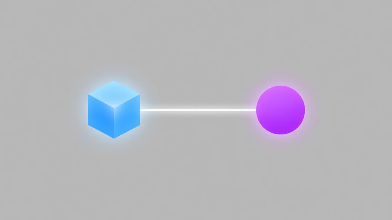 Two glowing geometric forms sit on a neutral grey backdrop, linked by a thin, straight line. This minimalist design emphasizes digital integration between two distinct software platforms in a clean, professional style.