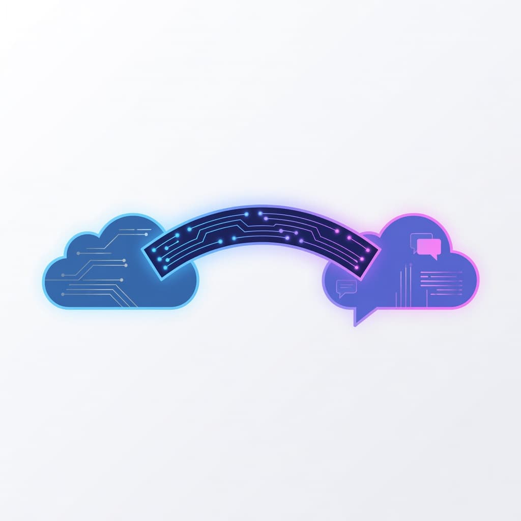 Two stylized cloud icons representing different software platforms are linked by a sleek, glowing bridge. The composition uses a minimalist aesthetic with a soft blue and white color palette throughout.
