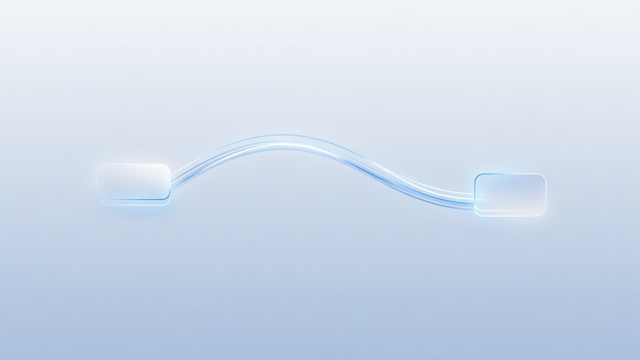Two abstract geometric nodes are linked by a singular, elegant flowing line against a clean backdrop. The composition uses a minimalist aesthetic with soft shades of blue and crisp white highlights.