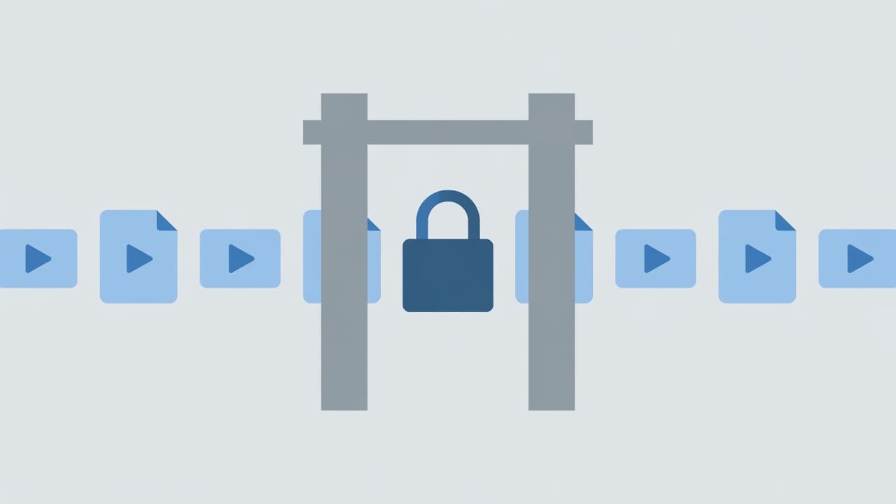 A stylized metal gate stands firmly closed in front of organized stacks of video icons. The composition uses cool blue and gray tones to signify a protective barrier for media.