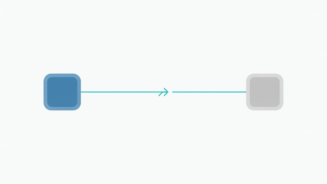 Two abstract circular nodes are linked by a singular glowing arrow trajectory. This minimalist graphic illustrates the seamless transfer of information between distinct software systems using a clean, professional aesthetic.