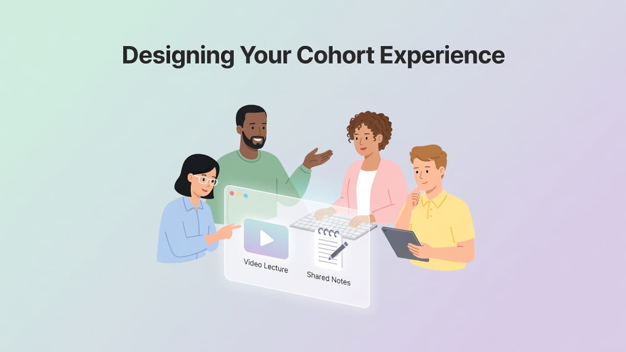 Diverse students interact with a floating digital interface displaying video icons and study notes. Soft pastel shapes form a minimalist backdrop representing a modern, clean approach to shared cohort learning.