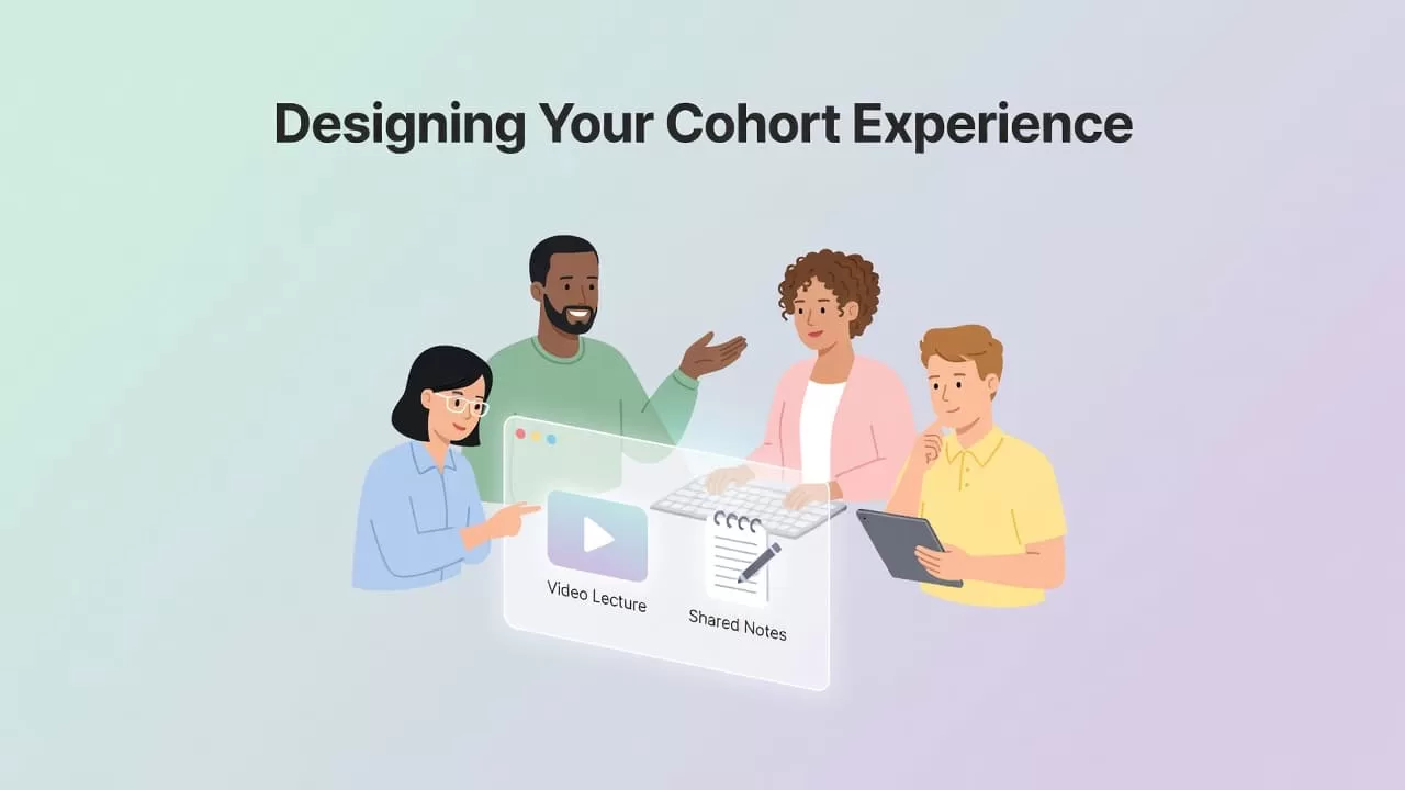 Diverse students interact with a floating digital interface displaying video icons and study notes. Soft pastel shapes form a minimalist backdrop representing a modern, clean approach to shared cohort learning.