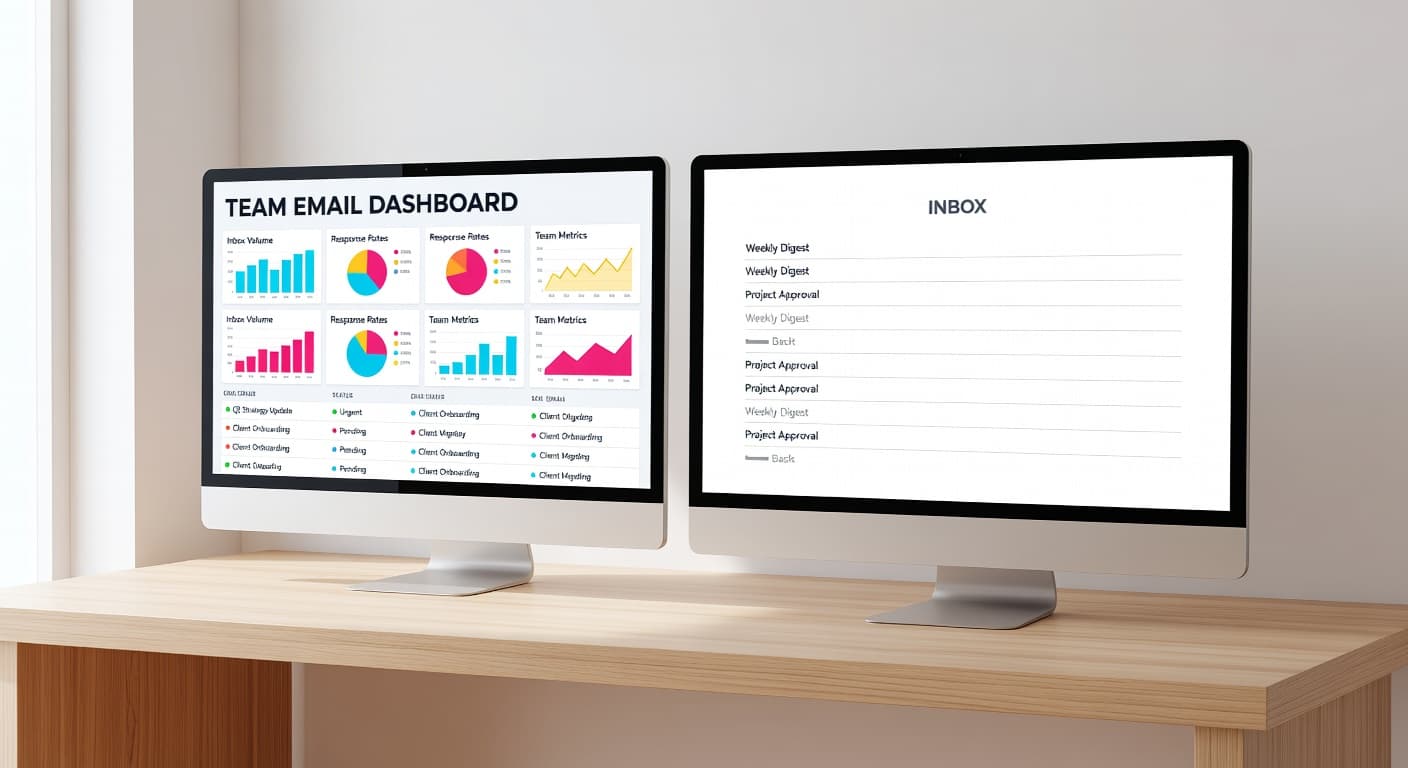 Two computer monitors sit on a minimalist wooden desk showing different email interfaces. The vector-style graphic displays a complex dashboard on one side and a simplified mailbox layout on the other.