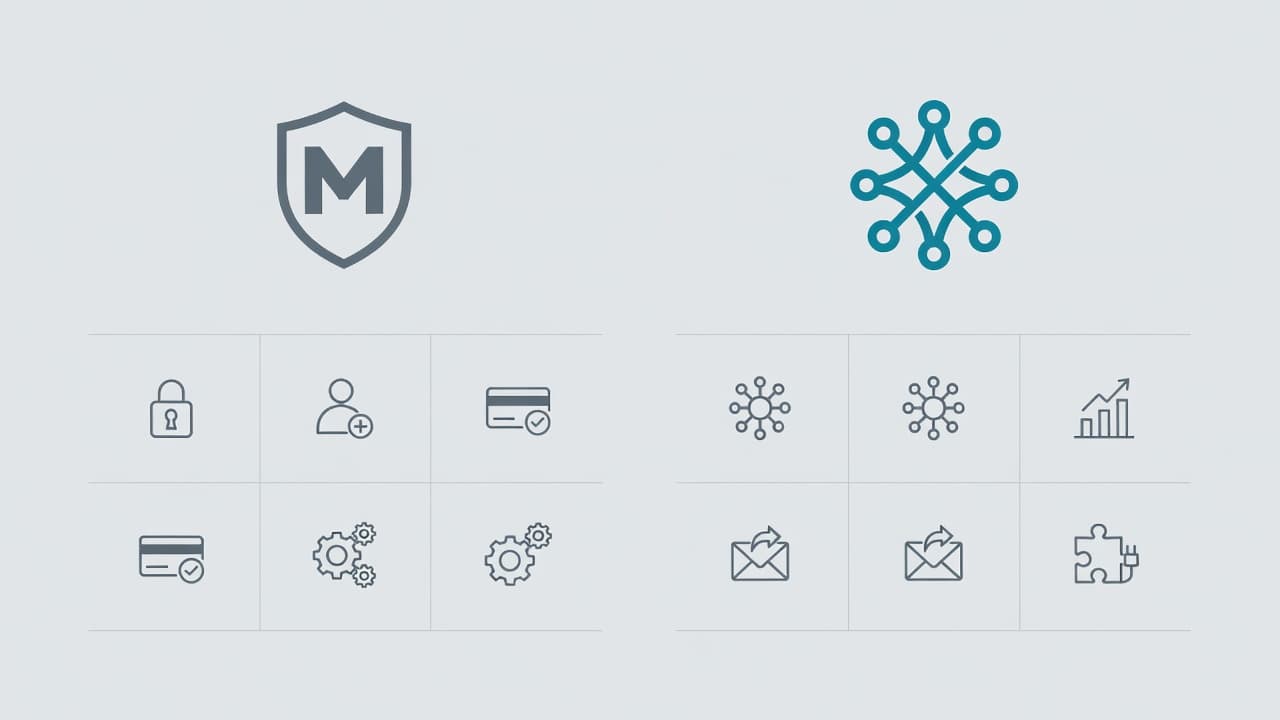 Two distinct vertical columns are displayed against a soft grey backdrop, featuring clean geometric iconography that represents business tools. The organized layout uses a minimalist design to contrast different software capabilities.