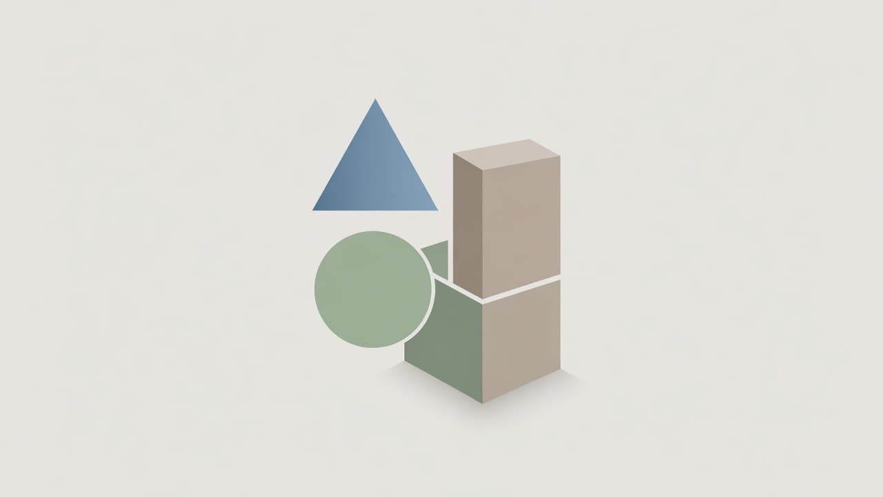Three clean, distinct geometric shapes in muted tones converge toward the center of the frame. These elements are unified into a single balanced collection against a minimalist, neutral, and soft backdrop.