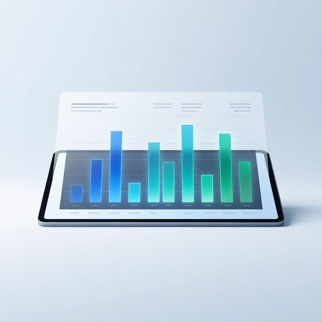 A digital tablet screen displays glowing bar charts representing international economic growth. The minimalist interface features cool blue and green accents set against a soft, clean, and brightly lit background.