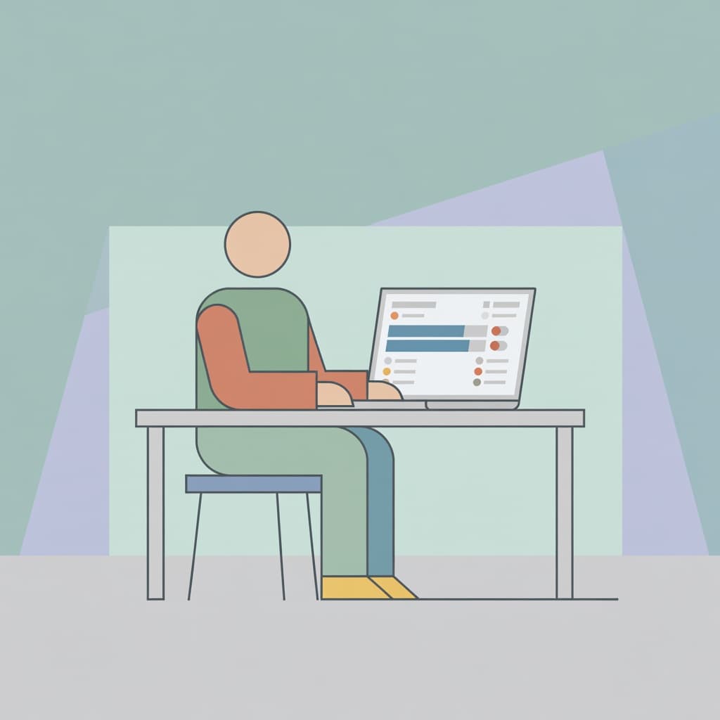 A stylized person sits at a desk using a laptop to organize digital member profiles. The flat graphic design features muted tones and clean geometric shapes to depict virtual administrative tasks.
