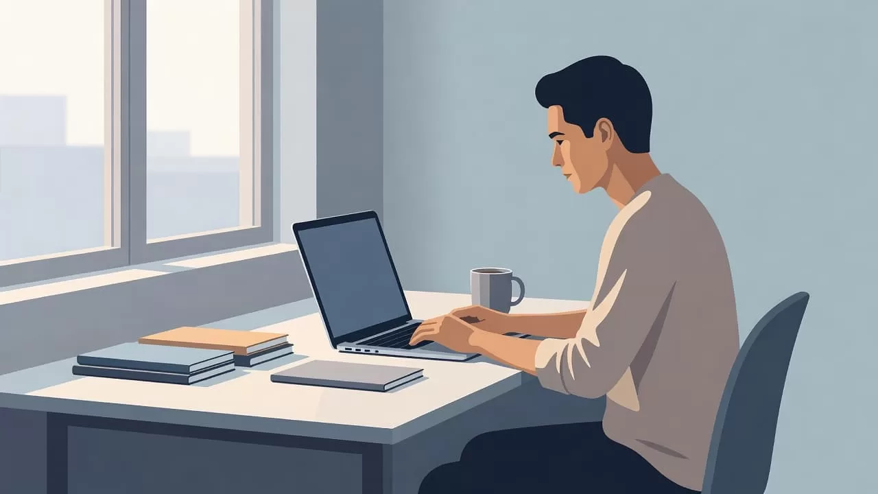 An organized desk features a laptop displaying a digital workflow, neatly stacked notebooks, and a warm cup of coffee. Soft natural light highlights the clean, modern workspace environment for deep focus.