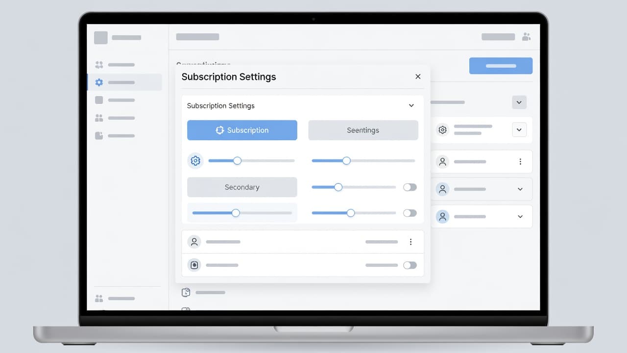 A minimalist laptop screen displays a soft-toned membership dashboard with clean circular toggles and simplified account icons. The interface layout emphasizes user-friendly subscription controls and accessible settings for account management options.