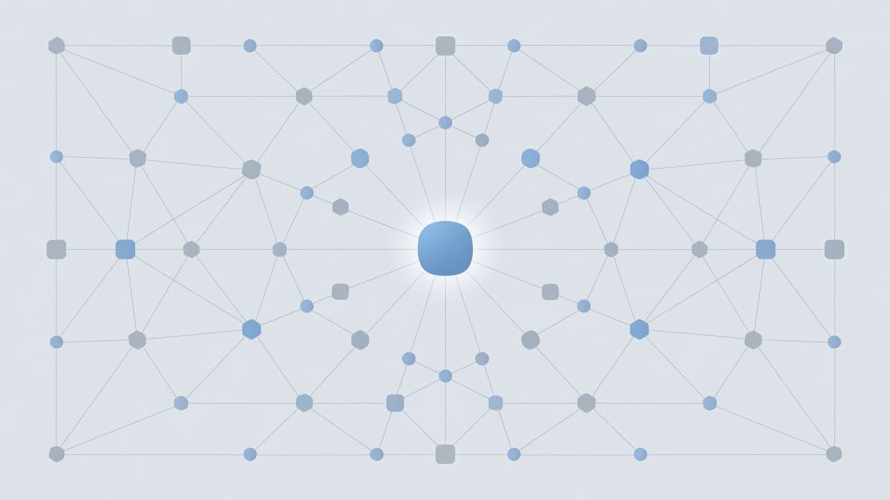 A central blue node radiates thin gray lines outward, connecting to several smaller surrounding circular icons. This geometric design visualizes a central hub managing data across multiple integrated software applications.