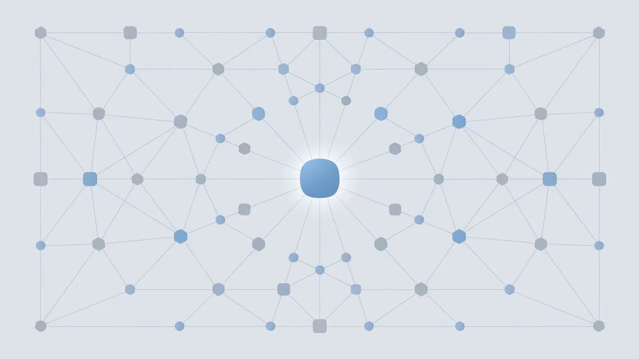 A central blue node radiates thin gray lines outward, connecting to several smaller surrounding circular icons. This geometric design visualizes a central hub managing data across multiple integrated software applications.