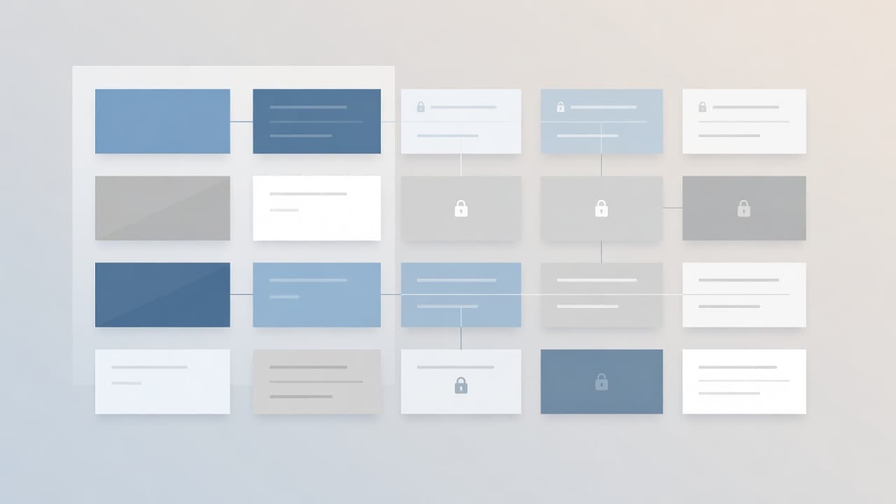 Floating translucent panels represent tiered membership options arranged in a neat grid. The minimalist interface uses soft, neutral tones to highlight the layered structure of digital content access and user permissions.