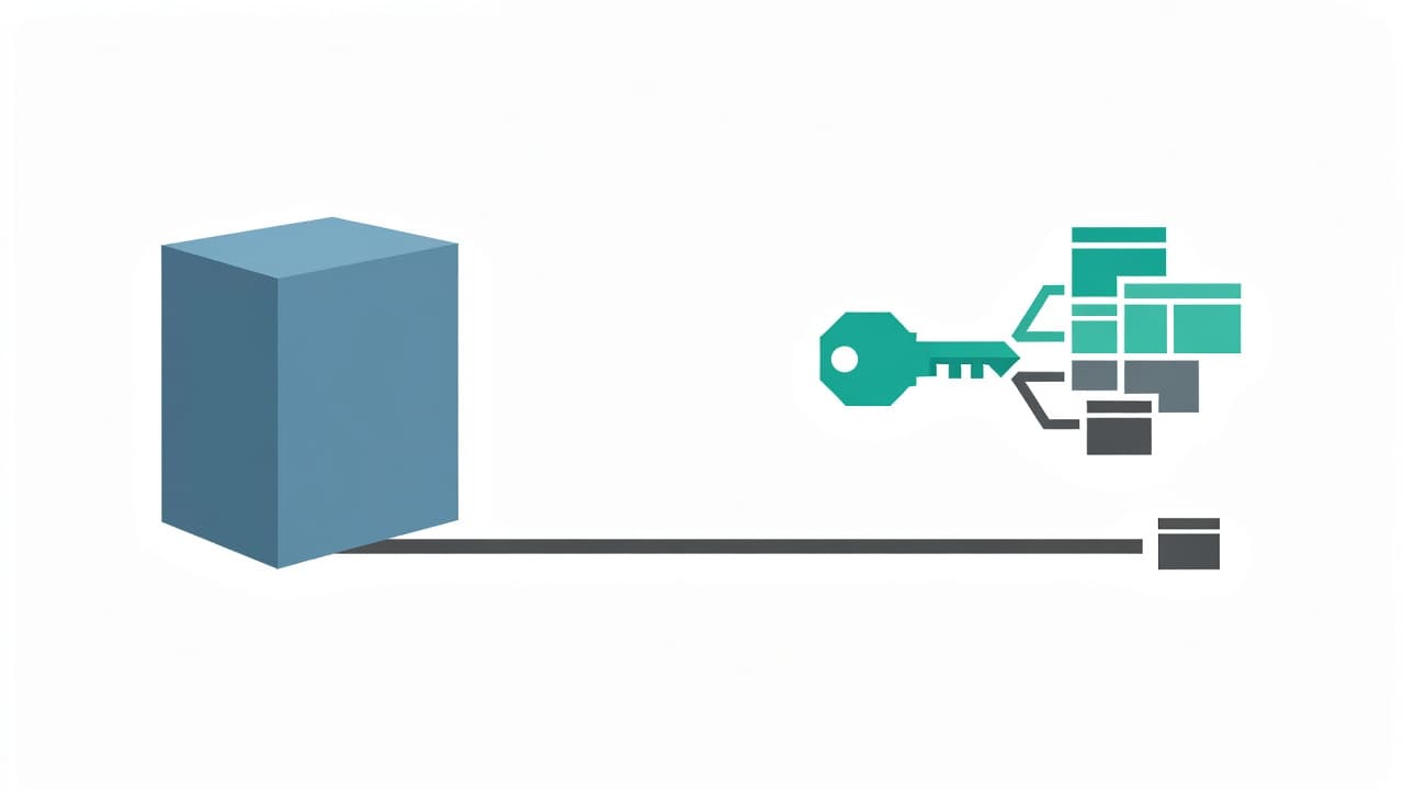 A minimalist graphic features two diverging paths, contrasting a large generic storage crate with a sleek, gold-colored key hovering over an intricate website interface icon against a clean white backdrop.