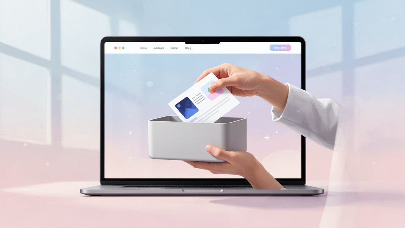 A stylized figure carefully moves glowing geometric shapes from a plain, generic storage container into a wide, luminous portal representing a personalized digital home. Soft pastel tones define the minimalist workspace.