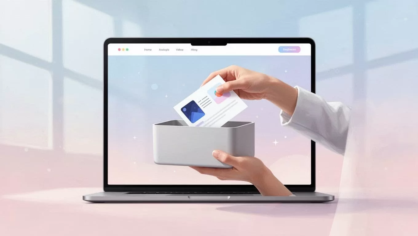 A stylized figure carefully moves glowing geometric shapes from a plain, generic storage container into a wide, luminous portal representing a personalized digital home. Soft pastel tones define the minimalist workspace.