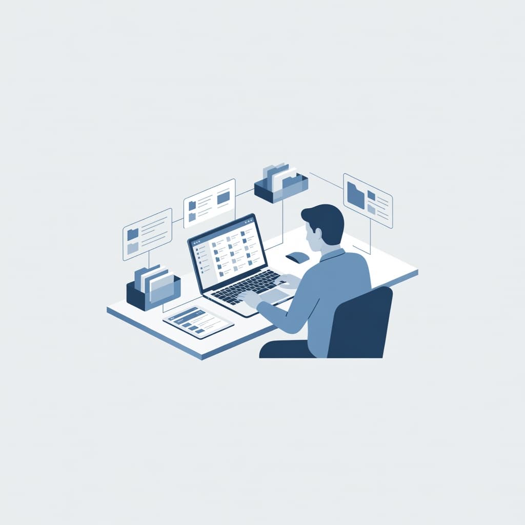 A stylized figure sits at a clean desk, interacting with floating digital icons representing file organization. The composition uses soft pastel tones and geometric shapes to create a sense of structure.