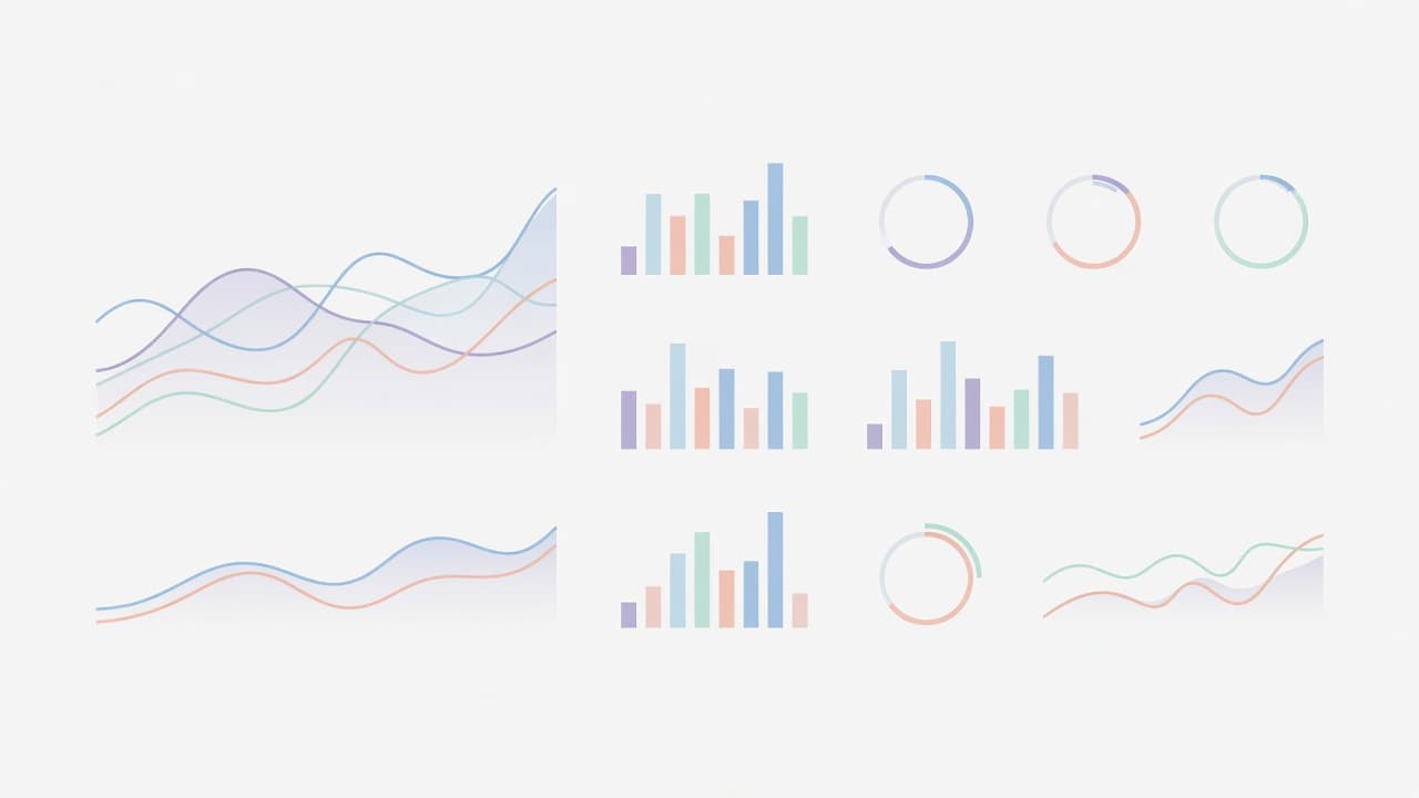 A clean digital interface features abstract bar graphs and trending data charts rendered in soft pastel tones. Smooth vector lines organize the geometric figures across a neutral, uncluttered white background.